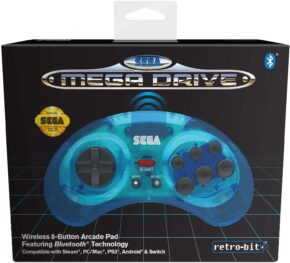 Retro-Bit Manette d’arcade sans fil Bluetooth officielle SEGA Mega Drive 8 boutons pour PC, Switch, Mac, Steam, RetroPie, Raspberry Pi – Bleu clair
