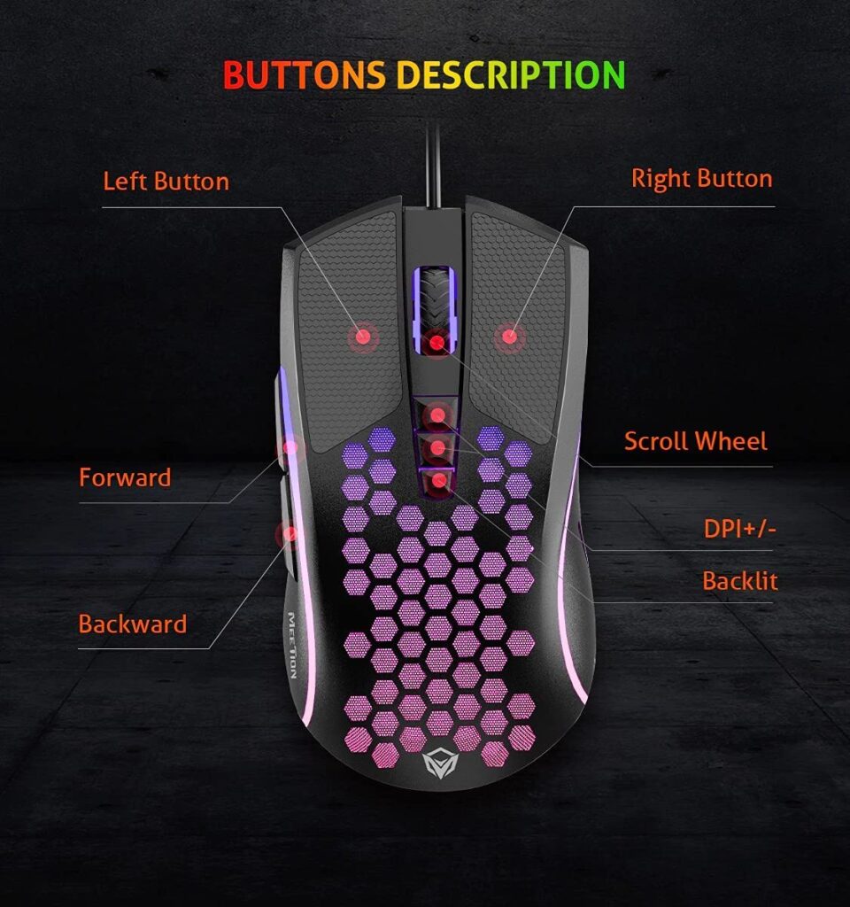 Meetion GM015 - Lightweight Honeycomb RGB Gaming Mouse (6400 DPI) – For PC & Laptop – Black