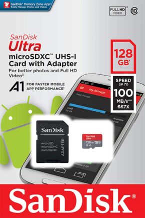 SanDisk 128GB Ultra MicroSDXC UHS-I Memory Card with Adapter – 100MB/s, C10, U1, Full HD, A1, Micro SD Card – SDSQUAR-128G-GN6MA