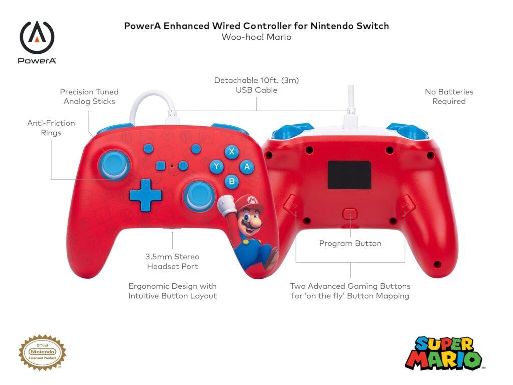 PowerA Contrôleur câblé amélioré pour Nintendo Switch - Woo-hoo Mario, Gamepad, contrôleur de jeu, contrôleur câblé, sous licence officielle