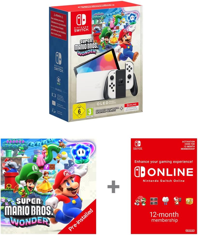 Console Nintendo Switch OLED Blanche + Super Mario Bros Wonder (Pré-installé) + Abonnement Nintendo Online 12 Mois