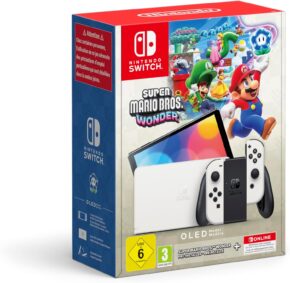 Console Nintendo Switch OLED Blanche + Super Mario Bros Wonder (Pré-installé) + Abonnement Nintendo Online 12 Mois