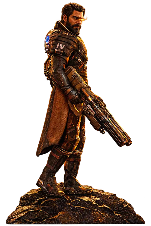 Soldat futuriste et arme imposante